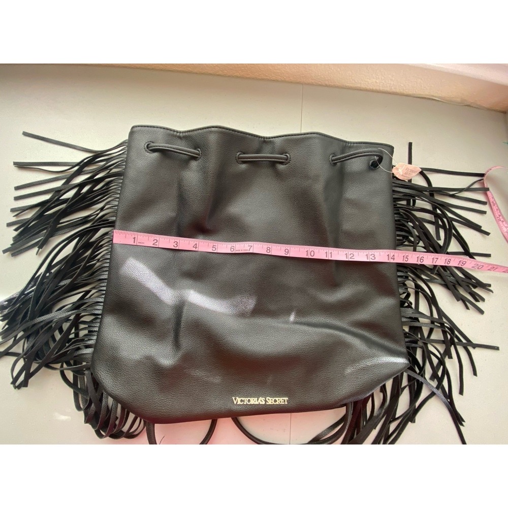 Victoria's Secret Black Fringe Backpack Drawstring Boho Bucket Bag Womens - Picture 6 of 7